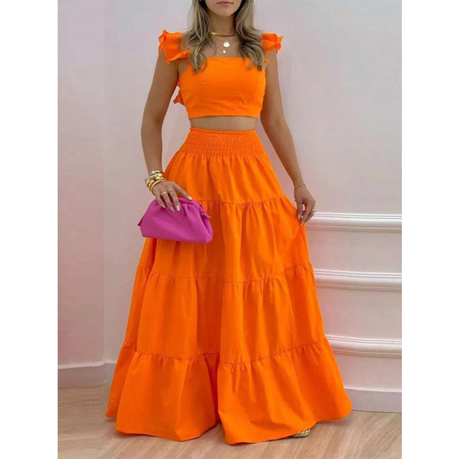 Crop Top and Tiered Maxi Skirt Set Orange / S Apparel and Accessories
