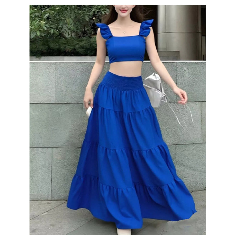 Crop Top and Tiered Maxi Skirt Set Royal Blue / S Apparel and Accessories