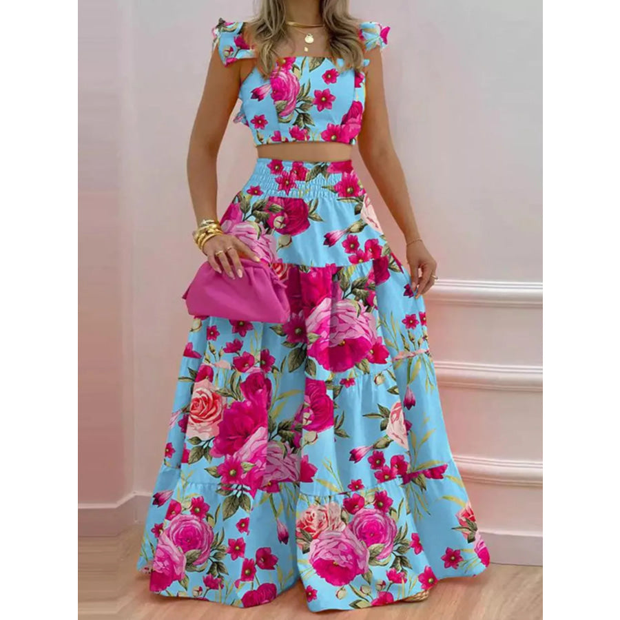 Crop Top and Tiered Maxi Skirt Set Sky Blue / S Apparel and Accessories