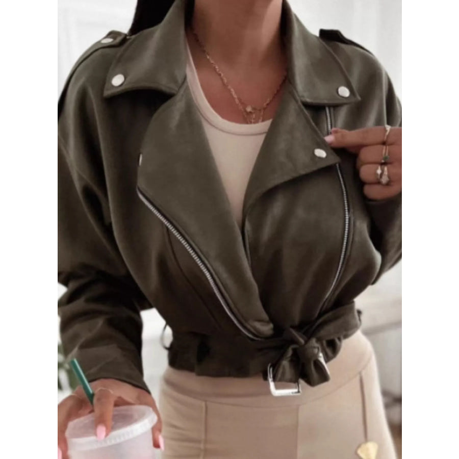 Cropped Biker Jacket with Belt Detail Apparel and Accessories