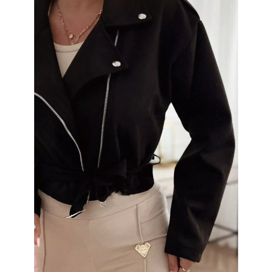 Cropped Biker Jacket with Belt Detail Apparel and Accessories