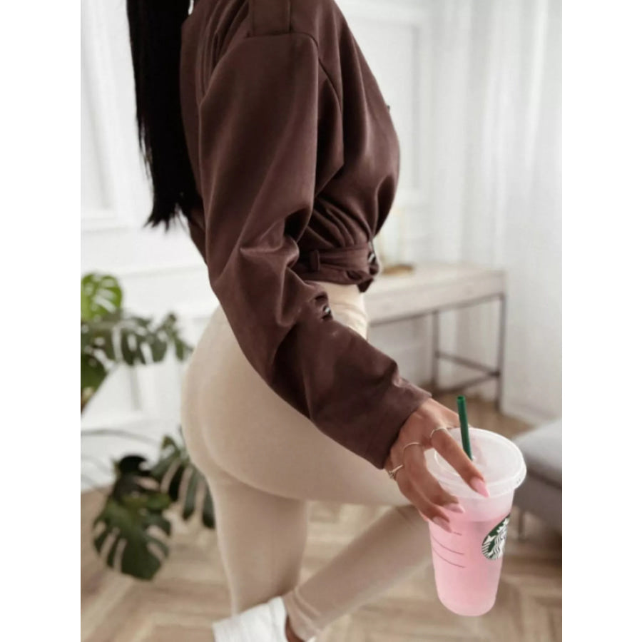 Cropped Biker Jacket with Belt Detail Apparel and Accessories