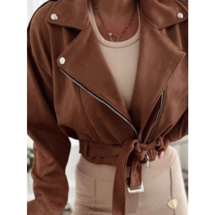 Cropped Biker Jacket with Belt Detail Apparel and Accessories