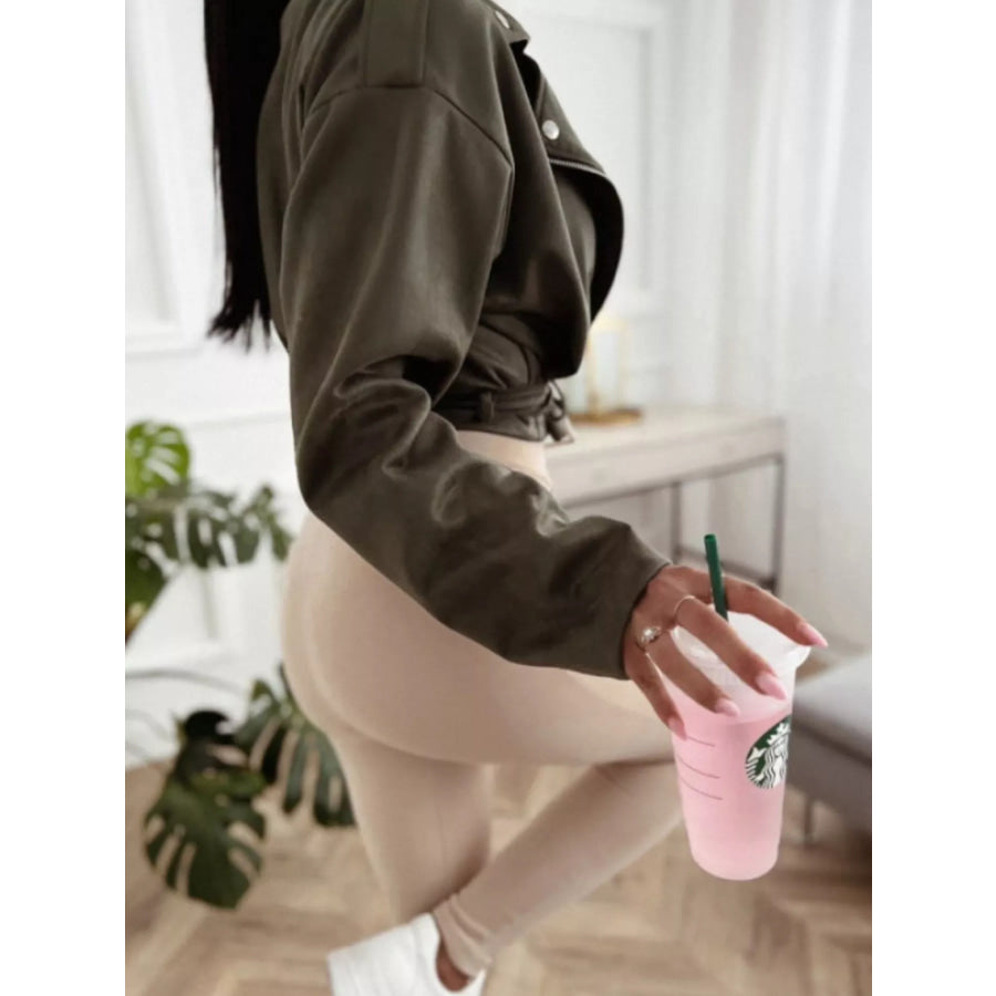 Cropped Biker Jacket with Belt Detail Apparel and Accessories
