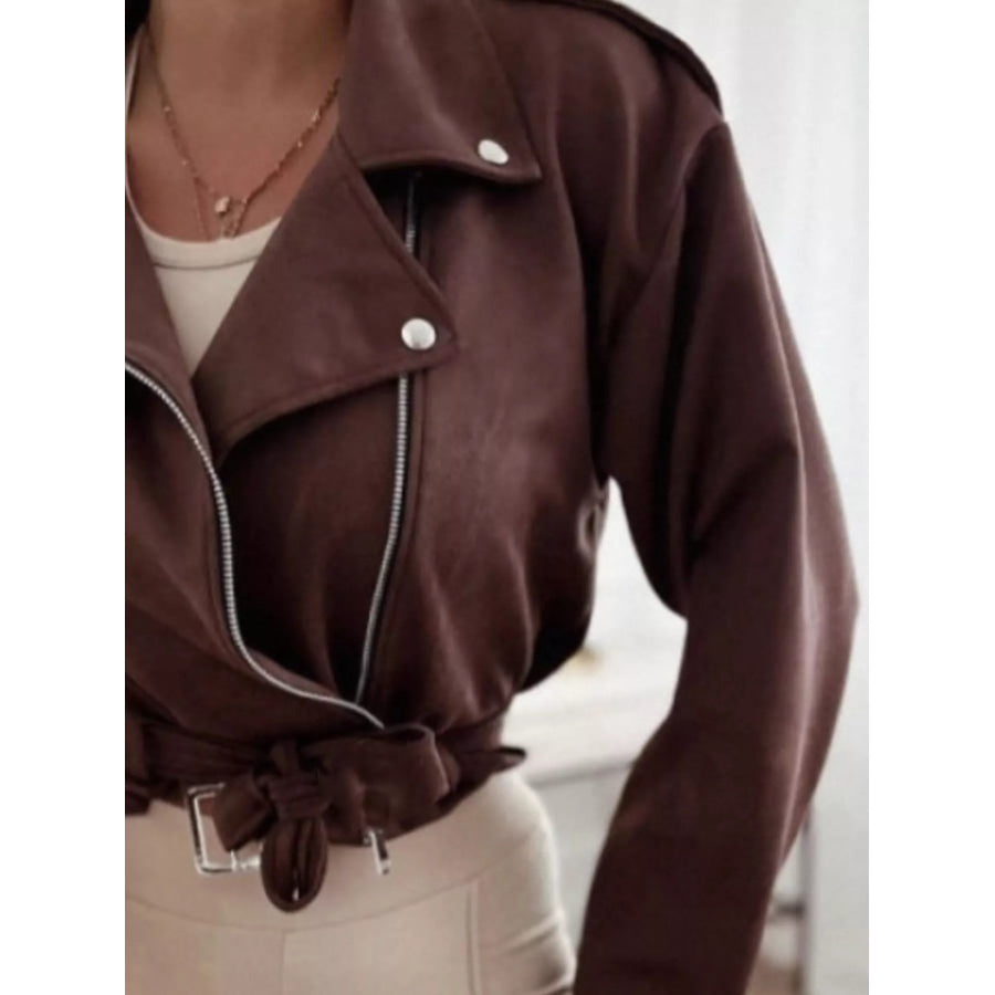 Cropped Biker Jacket with Belt Detail Apparel and Accessories