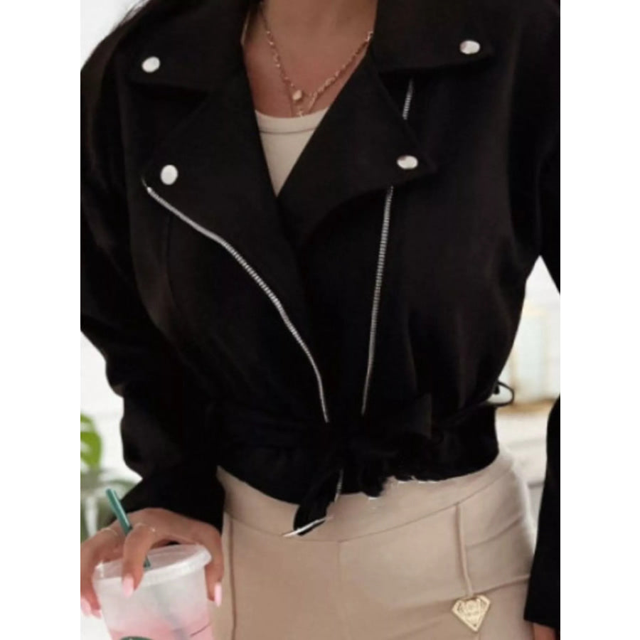 Cropped Biker Jacket with Belt Detail Apparel and Accessories