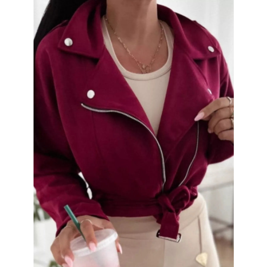 Cropped Biker Jacket with Belt Detail Apparel and Accessories