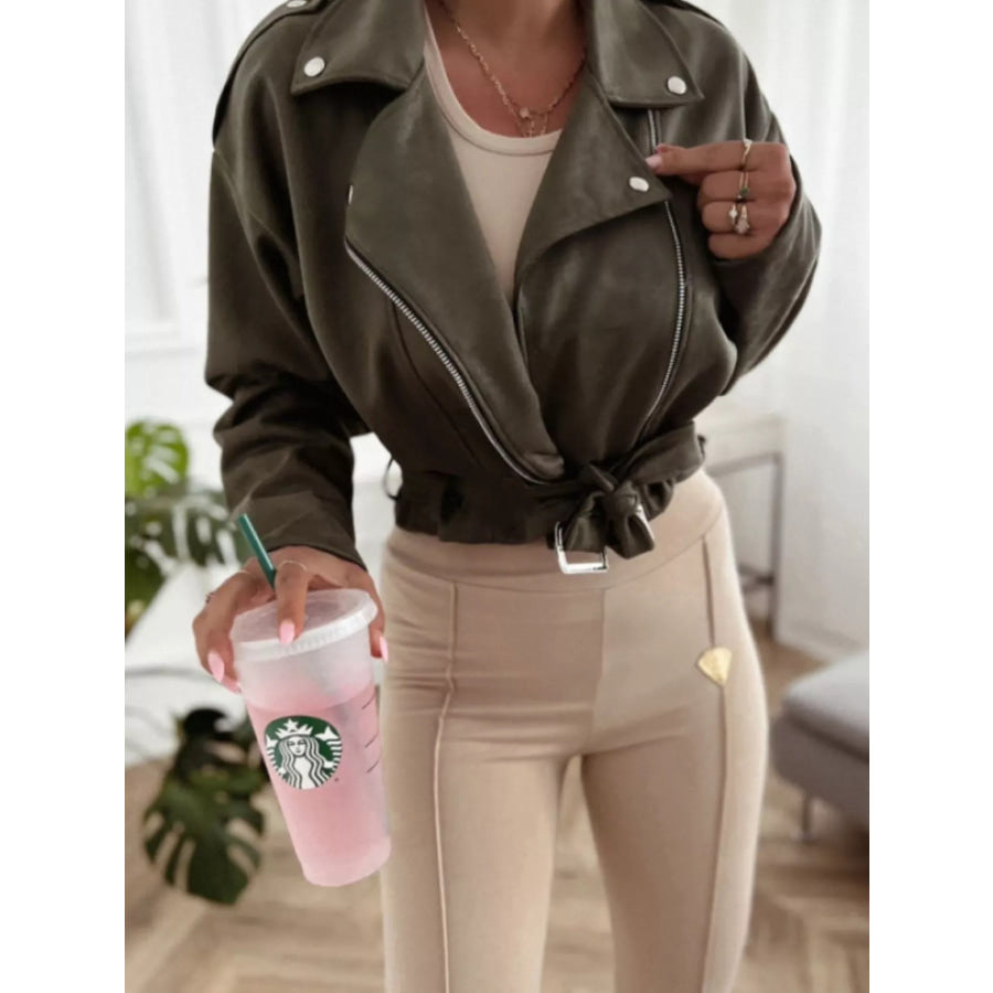 Cropped Biker Jacket with Belt Detail Army Green / S Apparel and Accessories