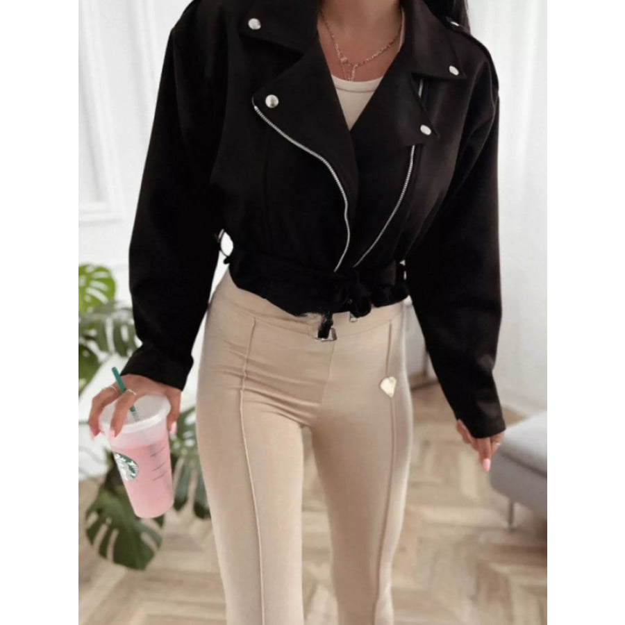 Cropped Biker Jacket with Belt Detail Black / S Apparel and Accessories