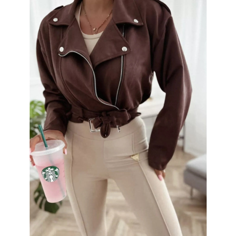 Cropped Biker Jacket with Belt Detail Brown / S Apparel and Accessories