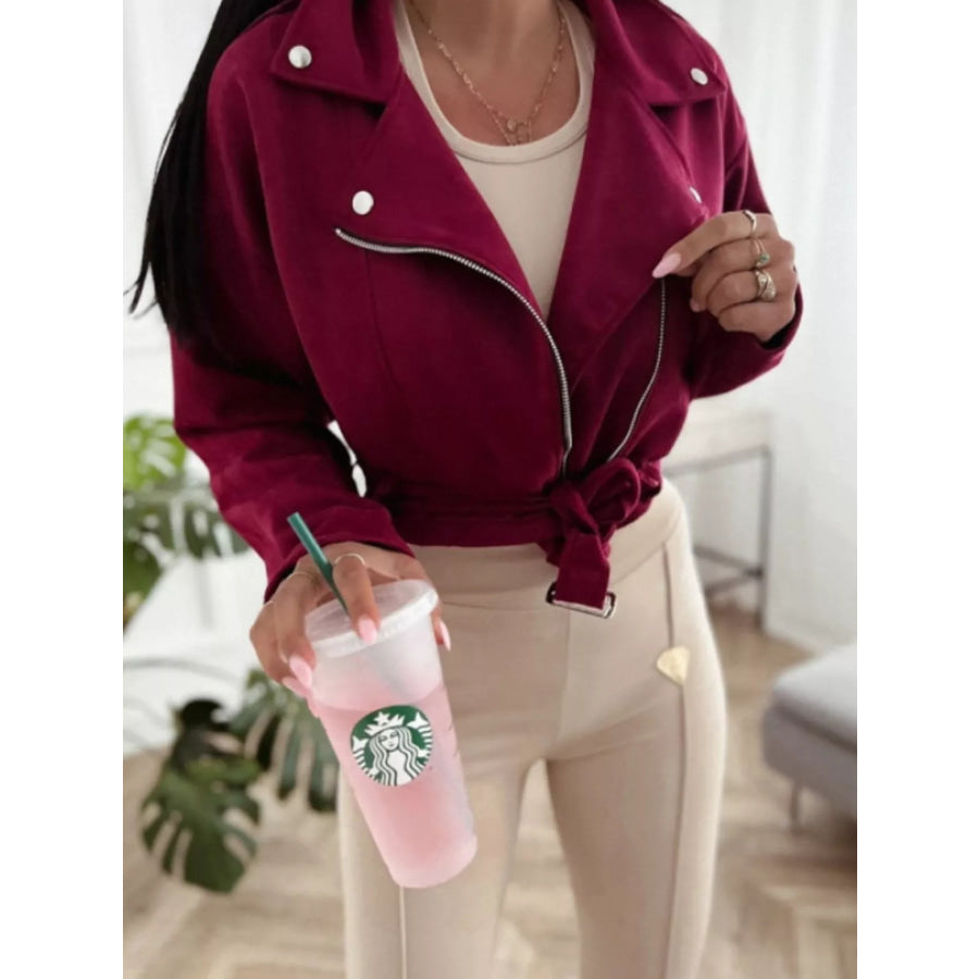 Cropped Biker Jacket with Belt Detail Burgundy / S Apparel and Accessories