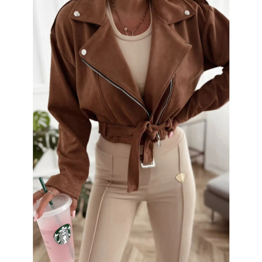 Cropped Biker Jacket with Belt Detail Khaki / S Apparel and Accessories