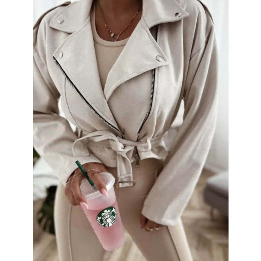 Cropped Biker Jacket with Belt Detail White / S Apparel and Accessories