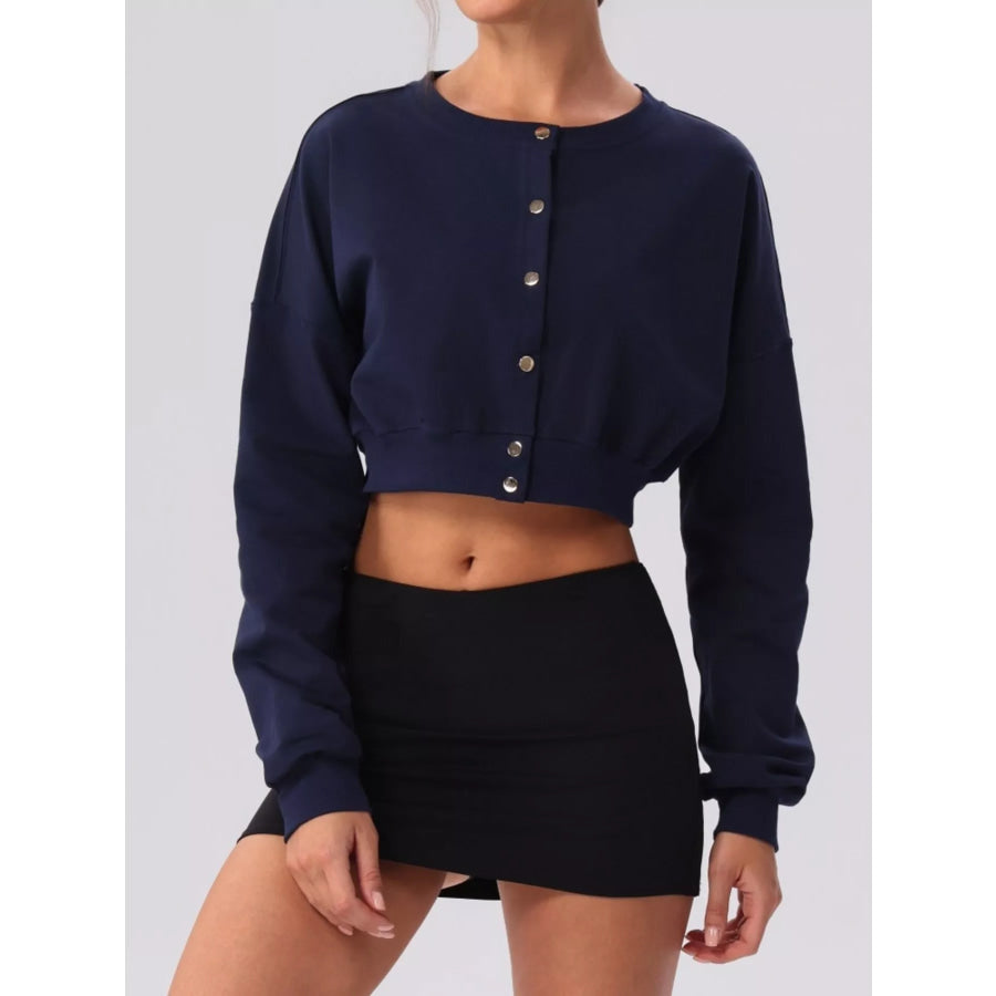 Cropped Button-Down Active Cardigan Navy Blue / S/4 Apparel and Accessories