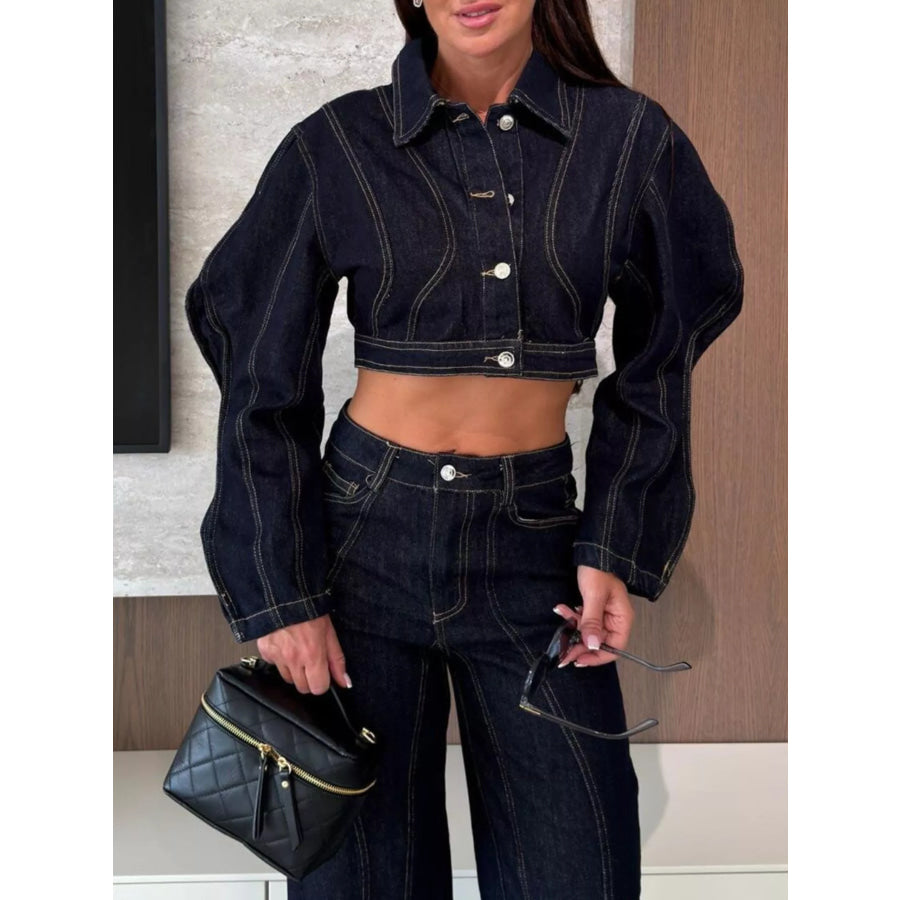 Cropped Denim Jacket and Wide-Leg Jeans Set Apparel Accessories