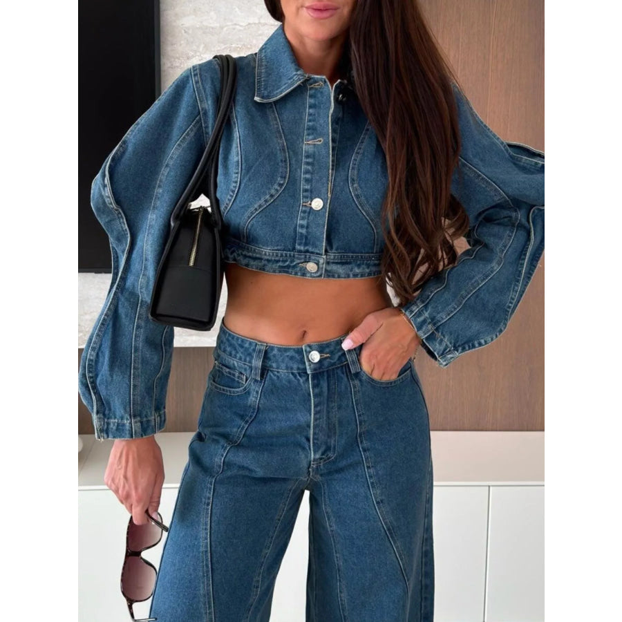 Cropped Denim Jacket and Wide-Leg Jeans Set Apparel Accessories