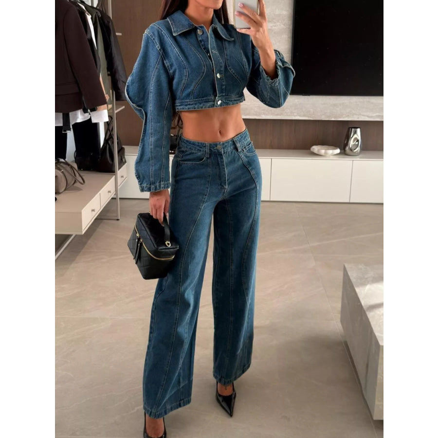 Cropped Denim Jacket and Wide-Leg Jeans Set Light Blue Suit / S Apparel Accessories