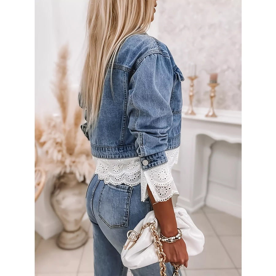 Cropped Denim Jacket with Lace Trim Apparel and Accessories