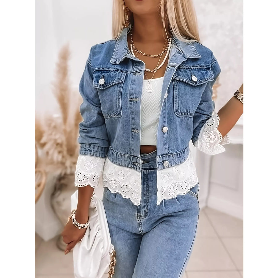 Cropped Denim Jacket with Lace Trim Apparel and Accessories