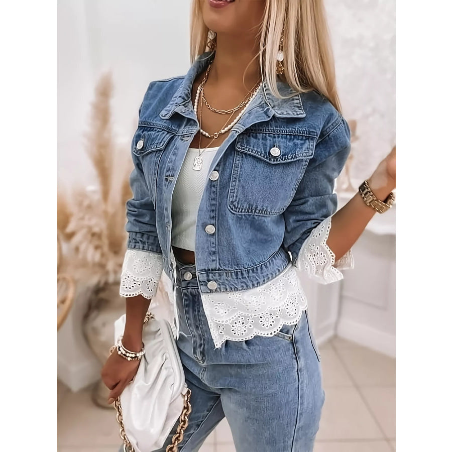 Cropped Denim Jacket with Lace Trim Apparel and Accessories