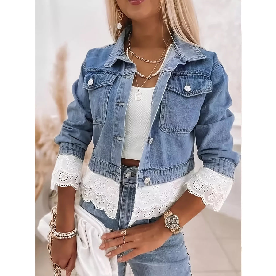 Cropped Denim Jacket with Lace Trim Blue / S Apparel and Accessories