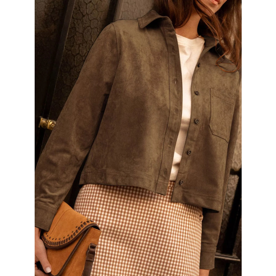 Cropped Faux Suede Button-Down Jacket Apparel and Accessories