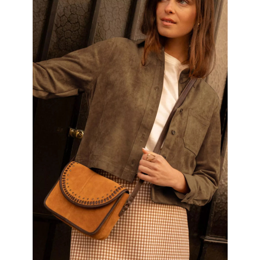 Cropped Faux Suede Button-Down Jacket Apparel and Accessories