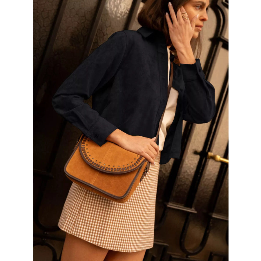Cropped Faux Suede Button-Down Jacket Apparel and Accessories