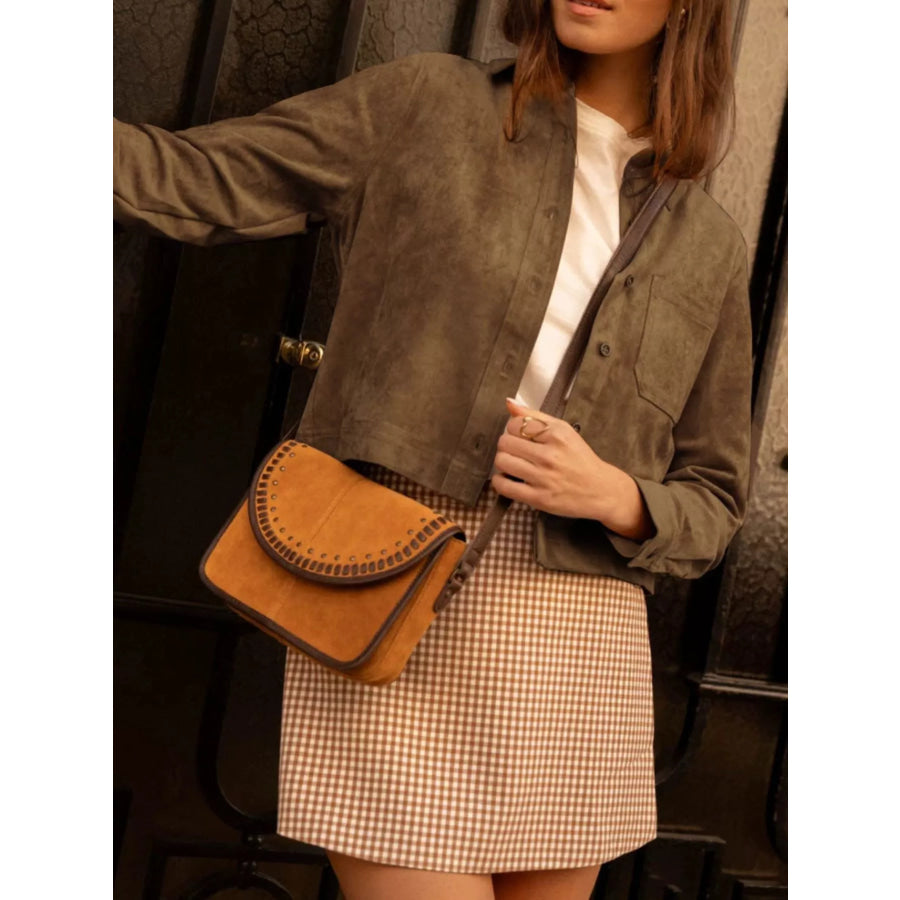 Cropped Faux Suede Button-Down Jacket Coffee Brown / S Apparel and Accessories