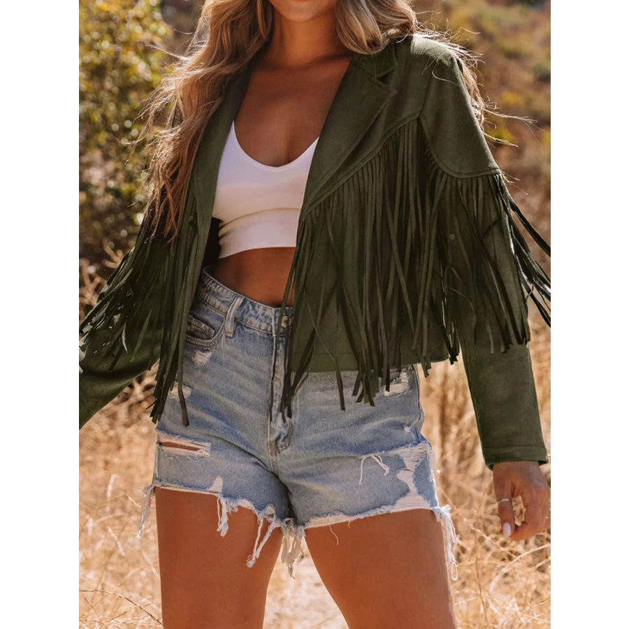 Cropped Fringe Faux Suede Jacket Army Green / S Apparel and Accessories