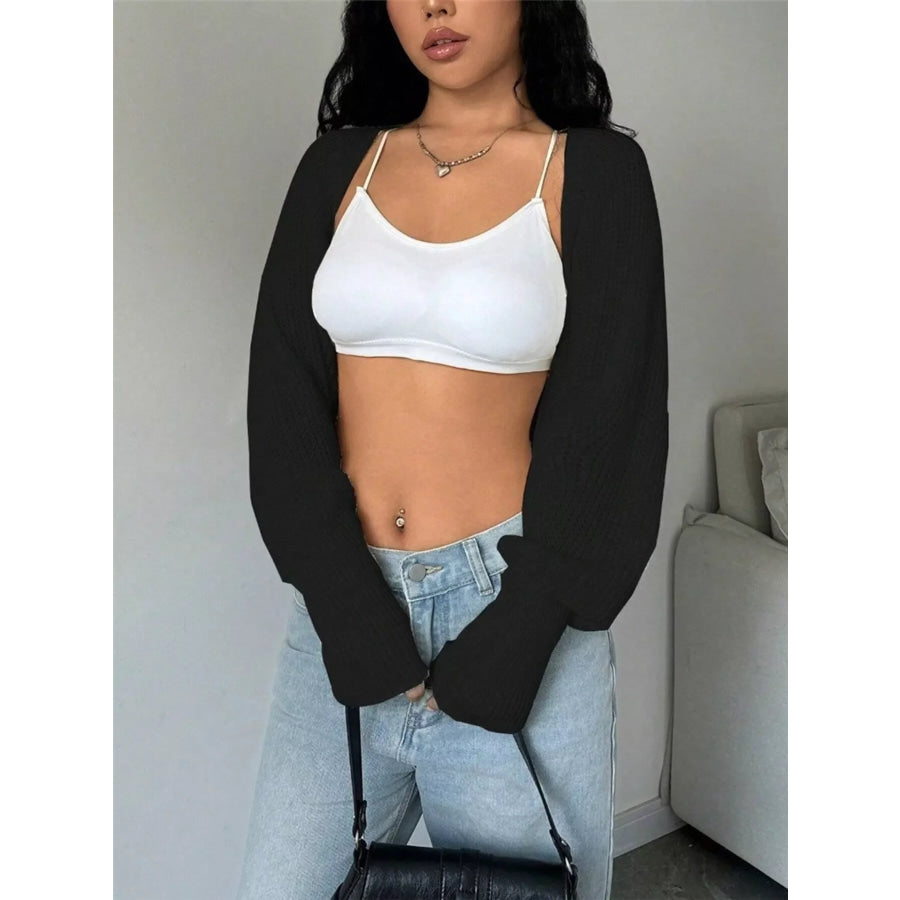 Cropped Knit Open Front Cardigan Black / S Apparel and Accessories