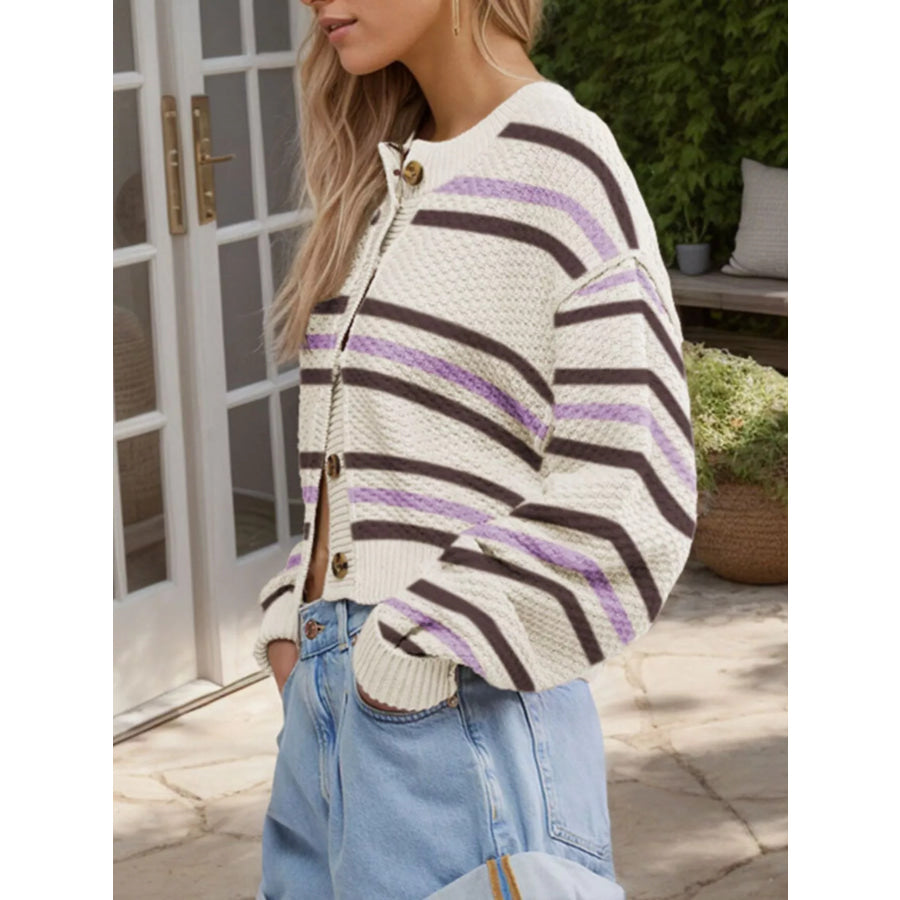 Cropped Striped Button-Down Knit Cardigan Apparel and Accessories