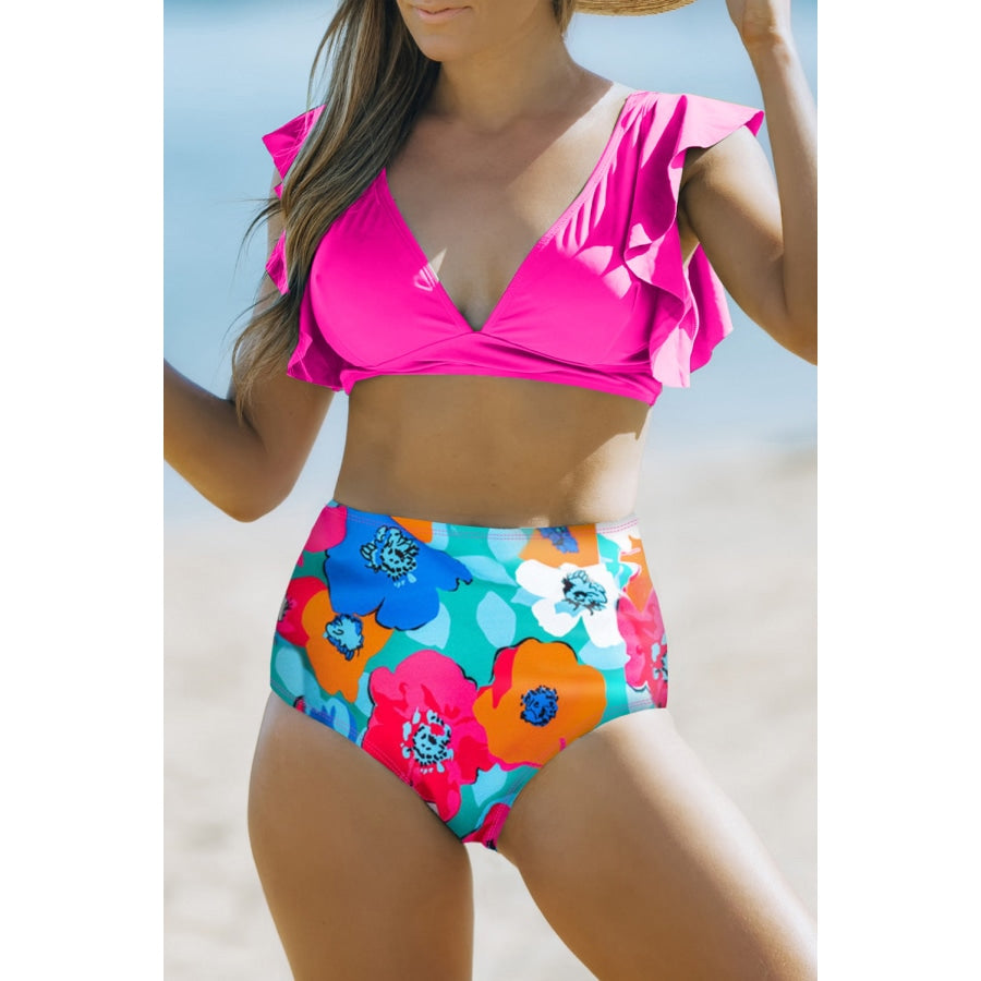 Cropped Swim Top and Floral Bottoms Set Hot Pink / S