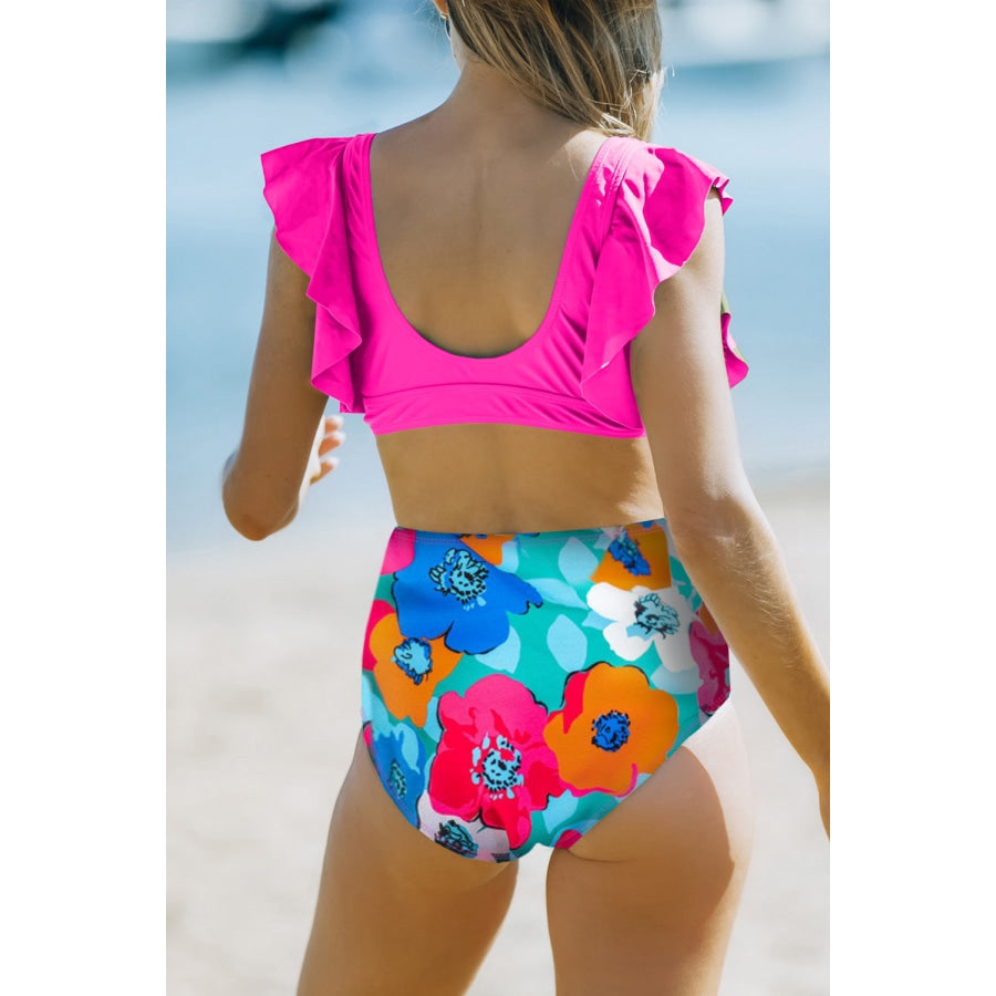 Cropped Swim Top and Floral Bottoms Set Hot Pink / S