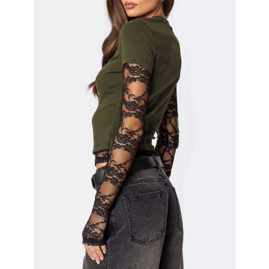 Cropped T-Shirt with Sheer Lace Sleeves Apparel and Accessories