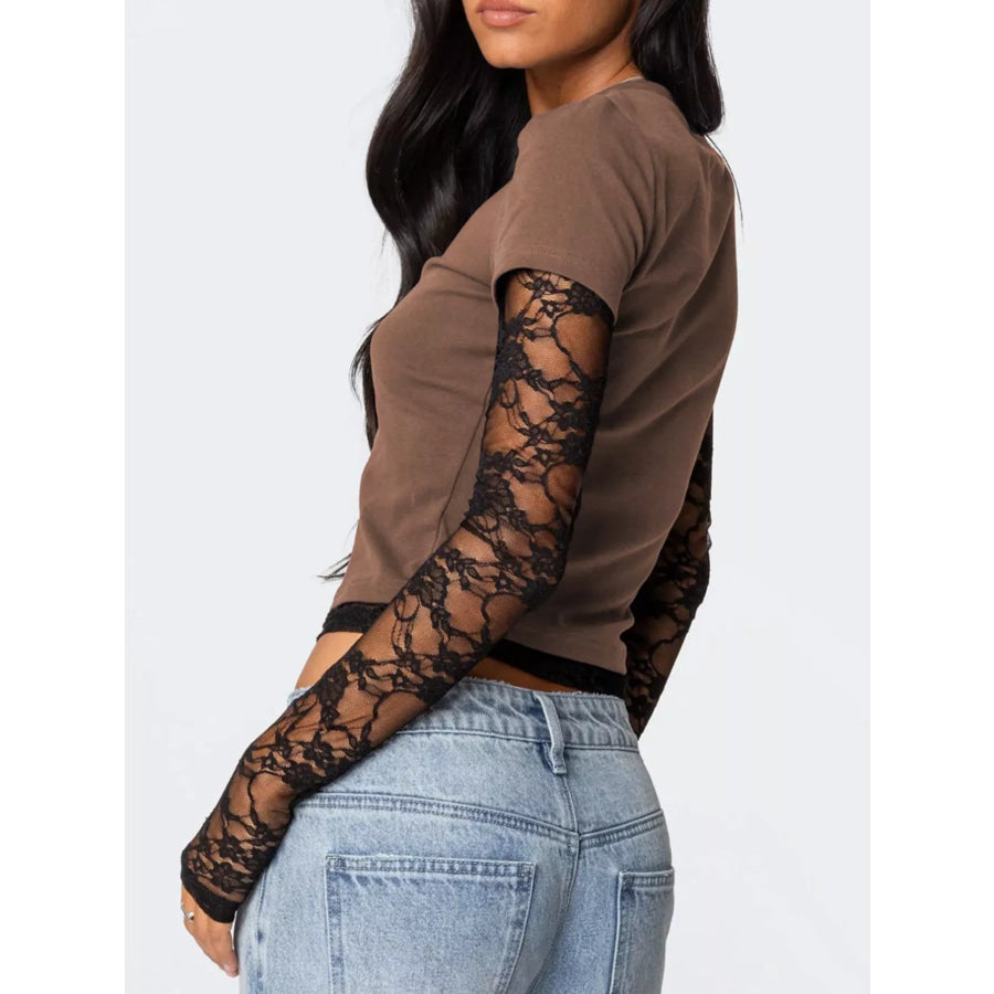 Cropped T-Shirt with Sheer Lace Sleeves Apparel and Accessories