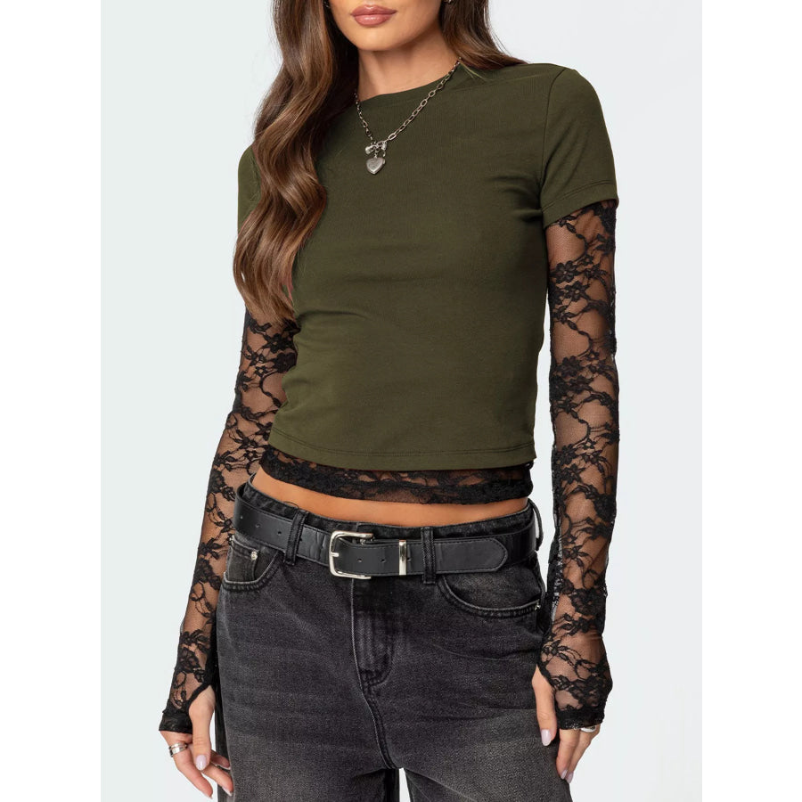 Cropped T-Shirt with Sheer Lace Sleeves Apparel and Accessories