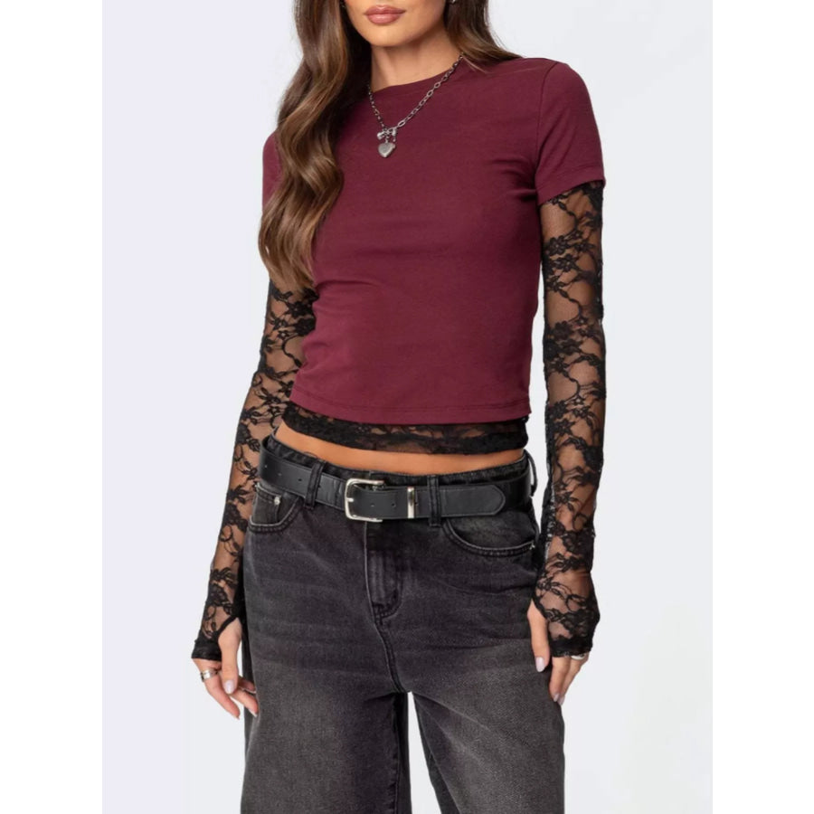 Cropped T-Shirt with Sheer Lace Sleeves Apparel and Accessories