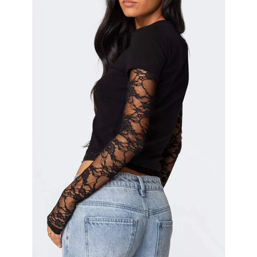 Cropped T-Shirt with Sheer Lace Sleeves Apparel and Accessories