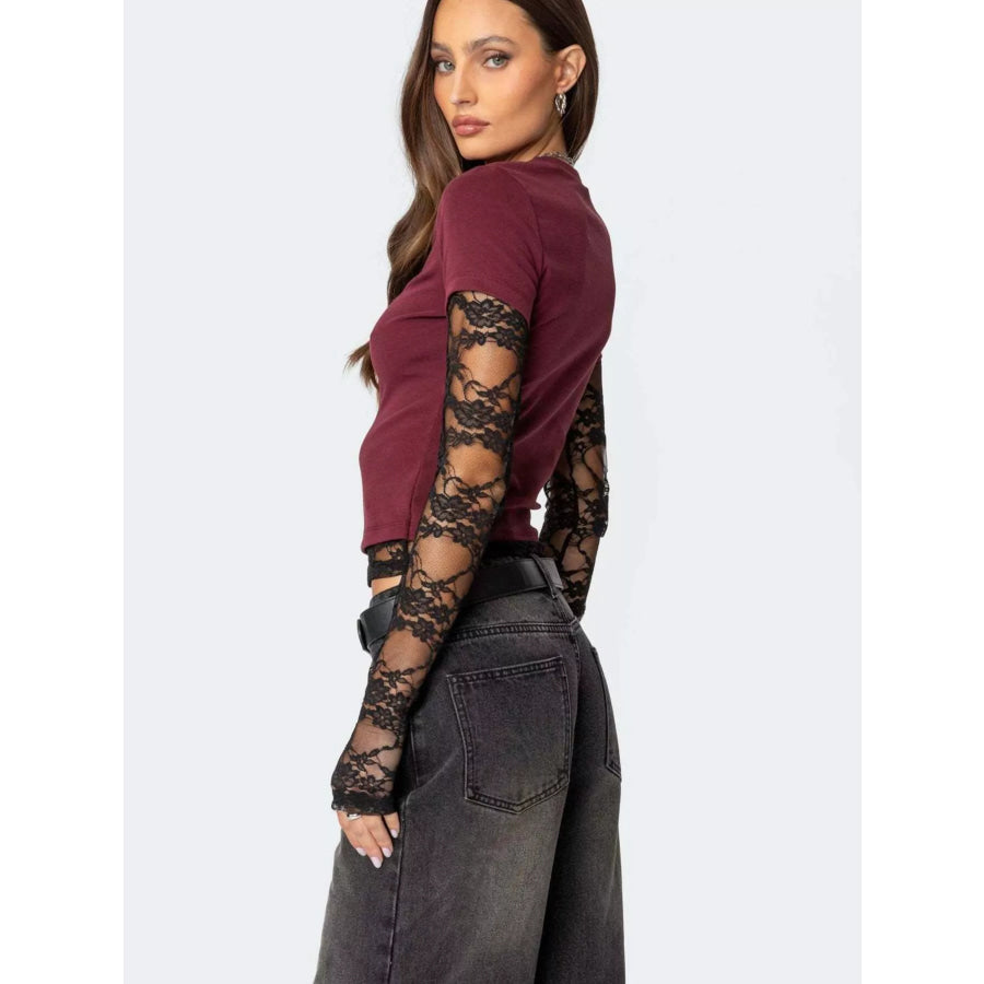 Cropped T-Shirt with Sheer Lace Sleeves Apparel and Accessories