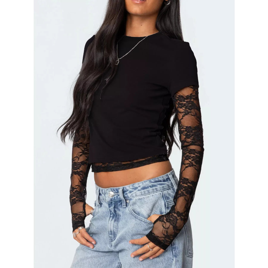 Cropped T-Shirt with Sheer Lace Sleeves Apparel and Accessories