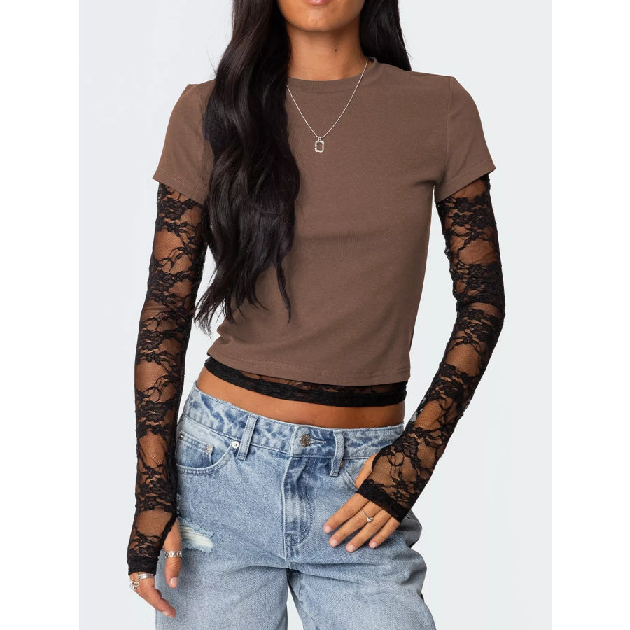 Cropped T-Shirt with Sheer Lace Sleeves Apparel and Accessories