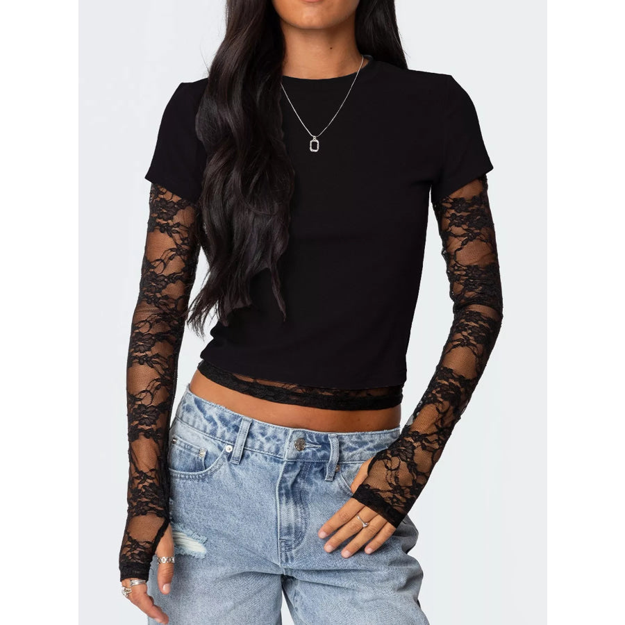 Cropped T-Shirt with Sheer Lace Sleeves Black / S Apparel and Accessories