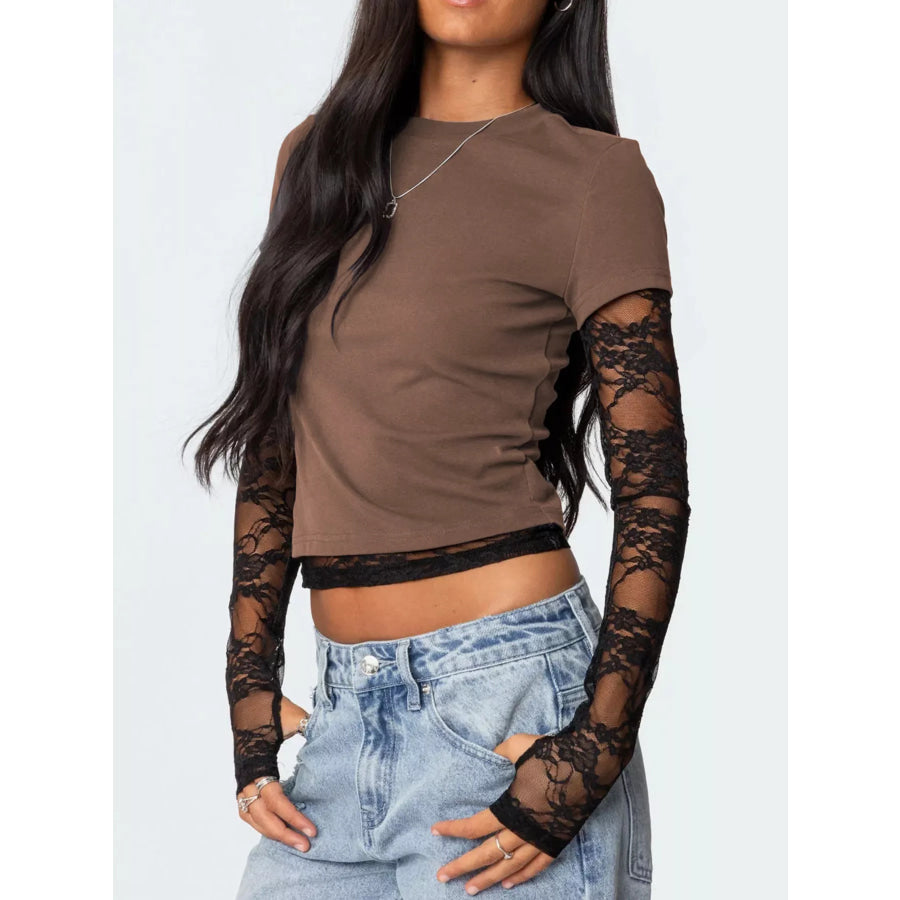 Cropped T-Shirt with Sheer Lace Sleeves Camel / S Apparel and Accessories