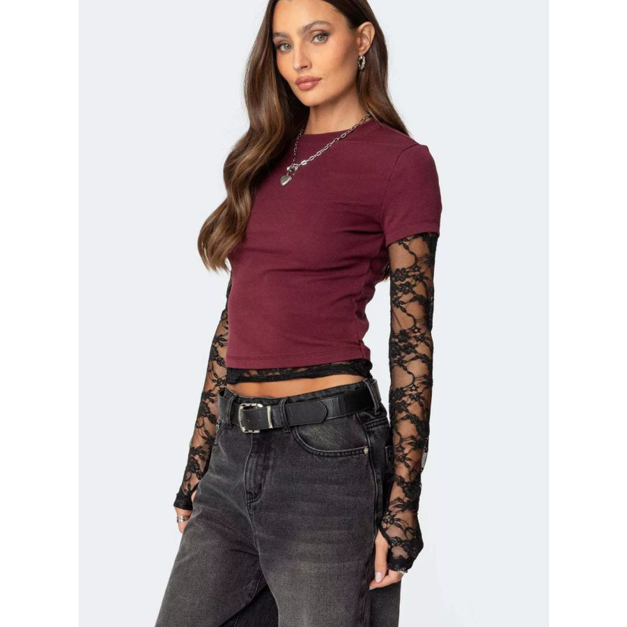 Cropped T-Shirt with Sheer Lace Sleeves Wine Red / S Apparel and Accessories