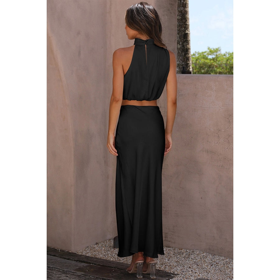 Cropped Turtle Neck Tank Top and Maxi Skirt Set Black / S