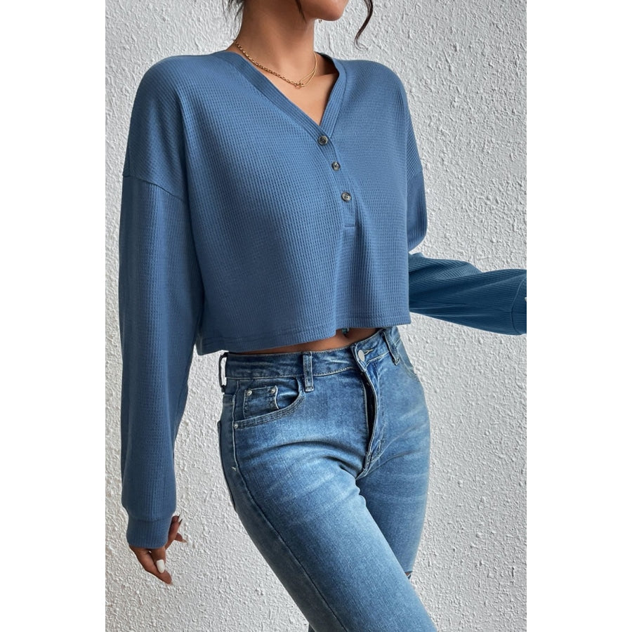 Cropped V-Neck Raglan Sleeve Buttoned Blouse