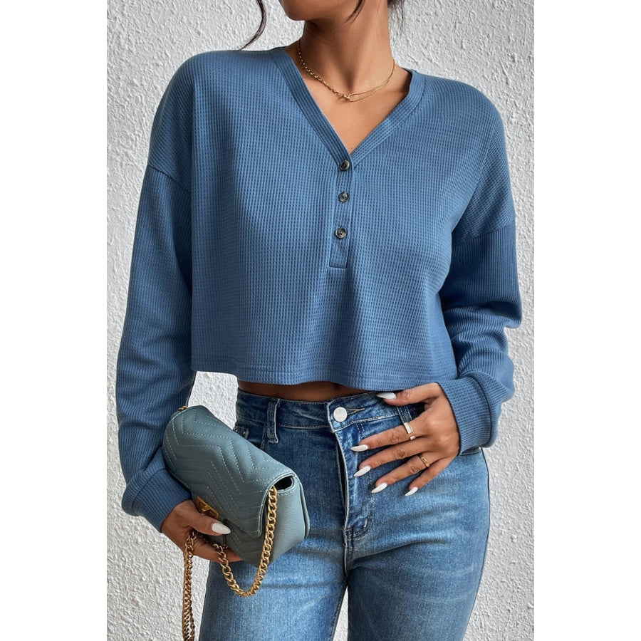 Cropped V-Neck Raglan Sleeve Buttoned Blouse