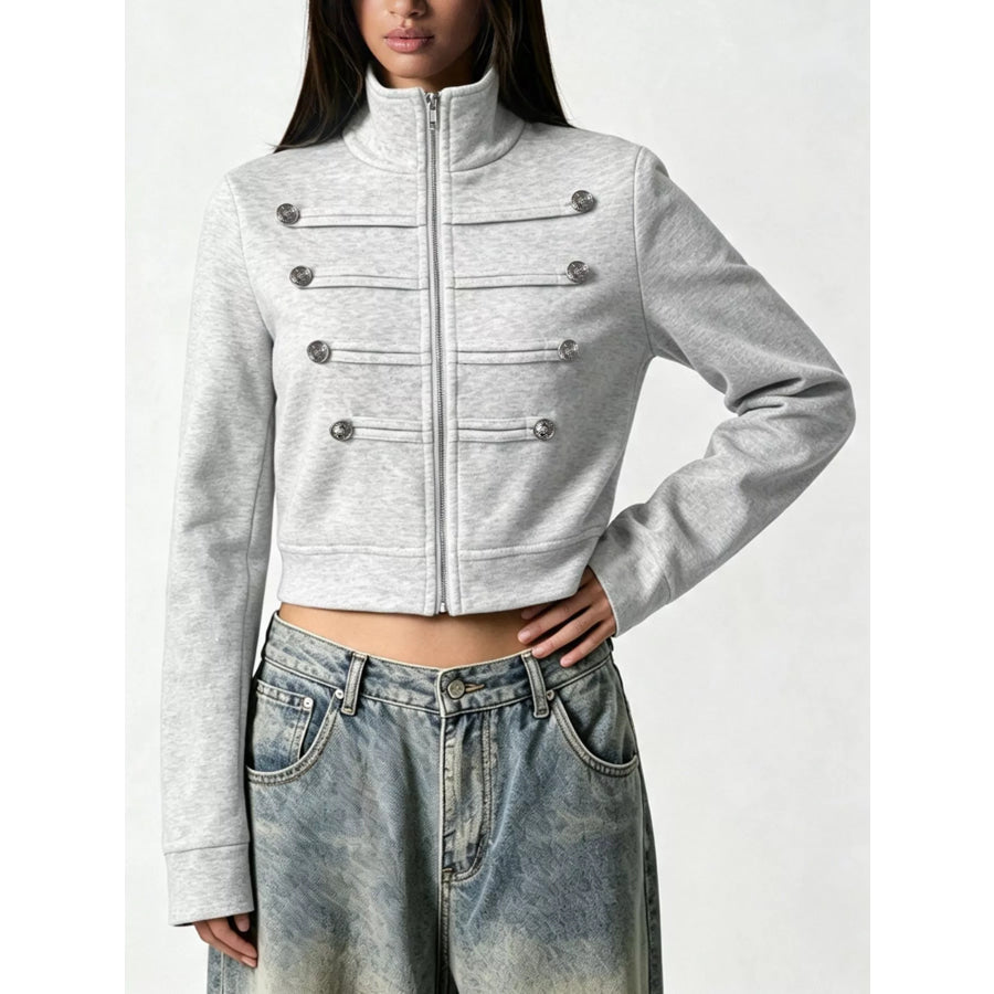 Cropped Zip-Up Outerwear with Decorative Buttons Apparel and Accessories