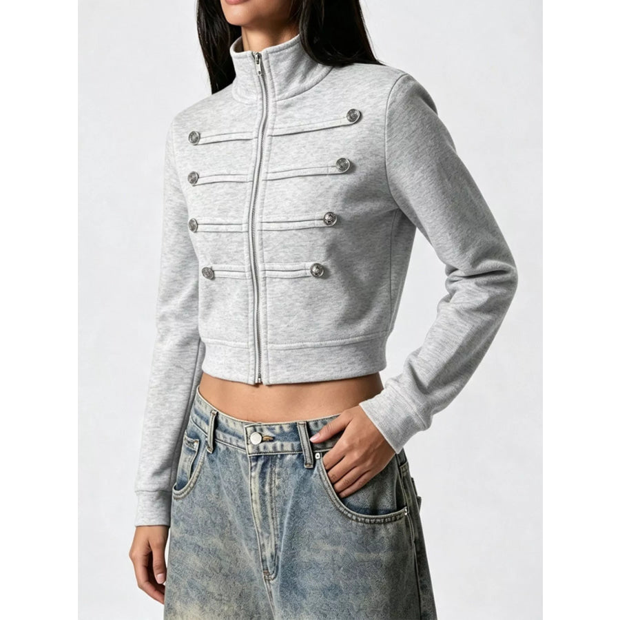 Cropped Zip-Up Outerwear with Decorative Buttons Apparel and Accessories